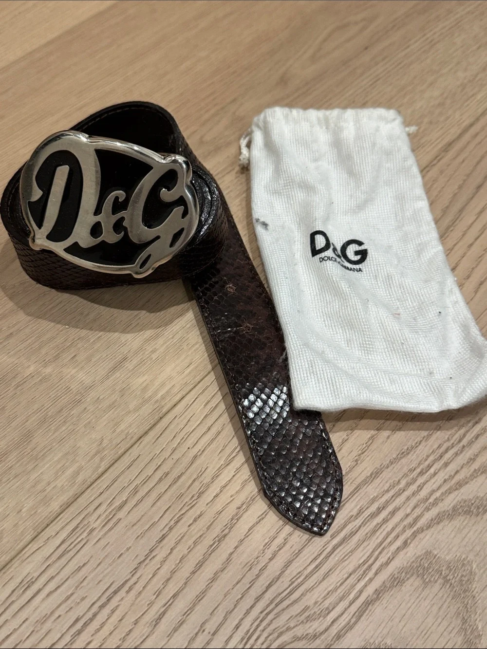 Vintage D&G Brown Textured Leather Belt with Silver D&G Logo Buckle